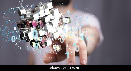 A male hand pointing to cubes with numbers around them - the concept of data cloud storage Stock Photo