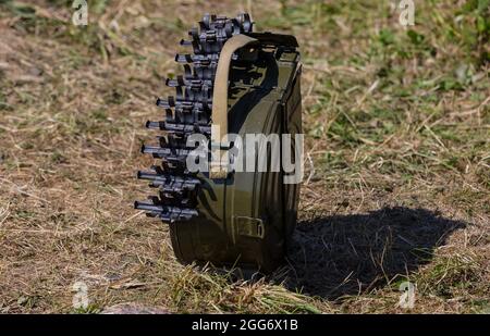 August 24, 2018, Ashukino, Moscow region, Russia: AGS-17 grenade launcher tape, during a two-weeks training session of grenade launchers for military units of the Central District of the Russian National Guard troops.The servicemen consolidated their knowledge of the technical part of the AGS-17 and RPG-7 grenade launchers and, at the end of the training camp, passed the shooting tests. Control firing exercise 1 from AGS-17 and 2 from RPG-7 all grenade launchers passed with high marks. (Credit Image: © Mihail Siergiejevicz/SOPA Images via ZUMA Press Wire) Stock Photo