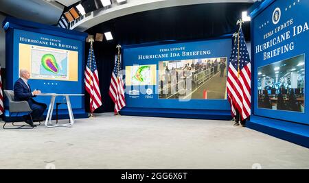 Washington, United States Of America. 28th Aug, 2021. U.S President Joe Biden attends a virtual briefing with the Federal Emergency Management Agency on the situation with Hurricane Ida in the Eisenhower Executive Office Building at the White House August 28, 2021 in Washington, DC. Credit: Planetpix/Alamy Live News Stock Photo