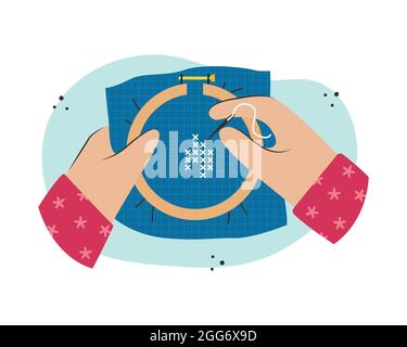 Cross stitch on the fingers. Creative activity. Stock Vector