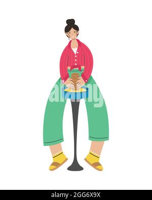 A girl sculpts a pot of clay on a potter's wheel. Creative activity. Stock Vector