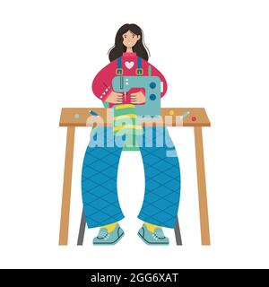 The girl sews on a sewing machine. Creative profession. Stock Vector