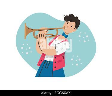 A man plays a melody on a trumpet. Creative profession. Stock Vector