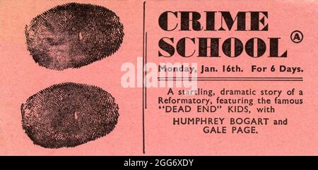 British Promotional Card for HUMPHREY BOGART and The DEAD END KIDS in CRIME SCHOOL 1938 director LEWIS SEILER story Crane Wilbur screenplay Crane Wilbur and Vincent Sherman dialogue director Vincent Sherman music Max Steiner Warner Bros. Stock Photo