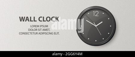 Vector 3d Realistic Black Wall Office Clock on Textured White Wall Background. Design Template, Banner with Office Clock with Black Dial in Interior Stock Vector
