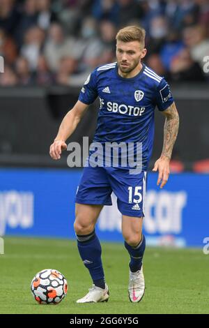 Burnley, UK. 29th Aug, 2021. Stuart Dallas #15 of Leeds United with the ball in Burnley, United Kingdom on 8/29/2021. (Photo by Simon Whitehead/News Images/Sipa USA) Credit: Sipa USA/Alamy Live News Stock Photo