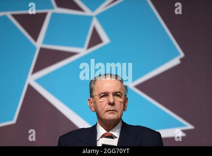 File photo dated 27-07-2012 of IOC President Dr Jacques Rogge during the IOC Press Conference in the Olympic Park, London. Issue date: Sunday August 29, 2021. Stock Photo
