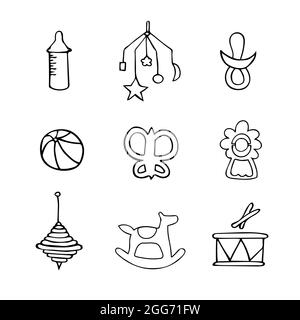 Vector illustration with kids toys, rattle, drum, horse, ball, butterfly, feeding bottle.  Stock Vector