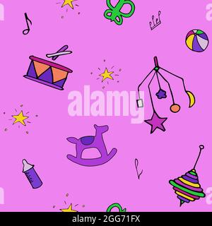 Pink background pattern with kids toys and feeding bottle, stars and sheet music, balls and drum, horse. Stock Vector