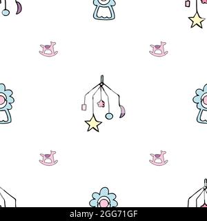 Background pattern with kids toys, mechanical musical toy and horse, rattle. Stock Vector