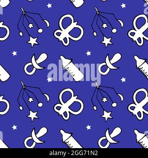 Seamless pattern with kids toys and butterfly, rattle and feeding bottle. Stock Vector