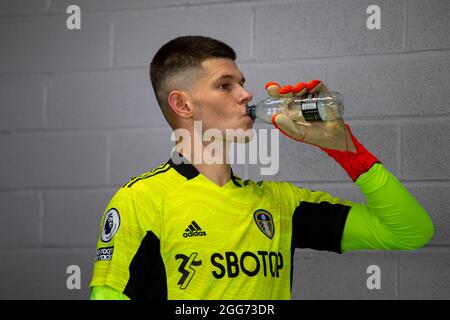 Burnley, UK. 29th Aug, 2021. Leeds United goalkeeper Illan Meslier ahead of kick off. Premier League match, Burnley v Leeds Utd at Turf Moor in Burnley, Lancs on Sunday 29th August 2021. this image may only be used for Editorial purposes. Editorial use only, license required for commercial use. No use in betting, games or a single club/league/player publications. pic by Lewis Mitchell/Andrew Orchard sports photography/Alamy Live news Credit: Andrew Orchard sports photography/Alamy Live News Stock Photo