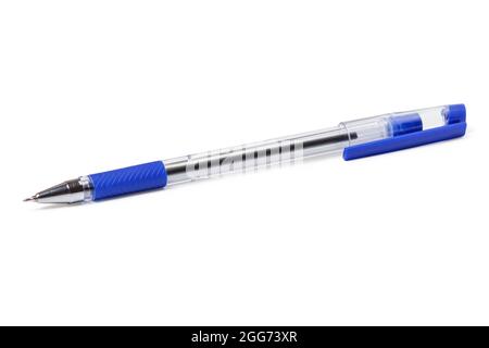 Plastic transparent ballpoint pen with blue cap isolated on white background Stock Photo