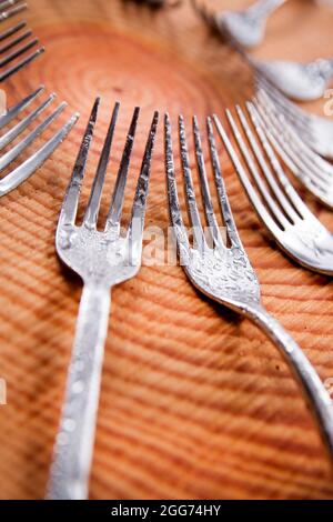 Series of different forks in a circle of pine board Stock Photo