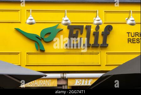 Sign over entrance to Elif, a popular Turkish restaurant on Bold Street in Liverpool Stock Photo