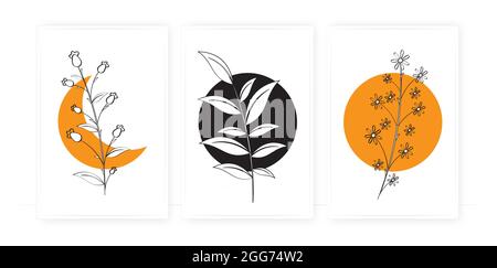 Minimalist poster design in three pieces, vector. Three different plants isolated on background with moon. Wall art, artwork. Artistic illustration ar Stock Vector