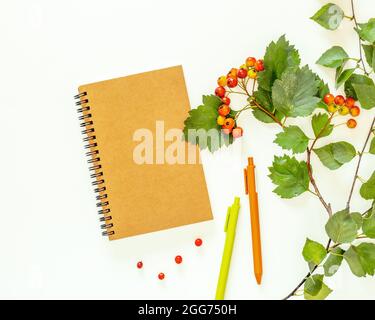 Autumn, school composition with an open notebook with white sheets of paper, hawthorn twigs with berries and colored pens on a white background. Back Stock Photo