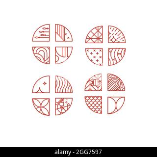 Set of creative modern art deco seafood chevrons in flat line style drawing on white background. Stock Vector