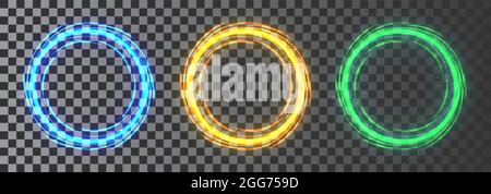Glow circle set. luminous swirling. Elegant glowing circle. Sparking particle. Space tunnel. Glossy jellyfish. Colorful ellipse. Glint sphere. Stock Vector