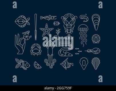 Set of creative modern art deco seafood signs in flat line style drawing on blue background. Stock Vector