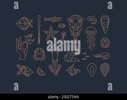 Set of creative modern art deco seafood signs in flat line style drawing on brown background. Stock Vector