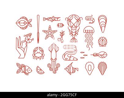 Set of creative modern art deco seafood signs in flat line style drawing on white background. Stock Vector