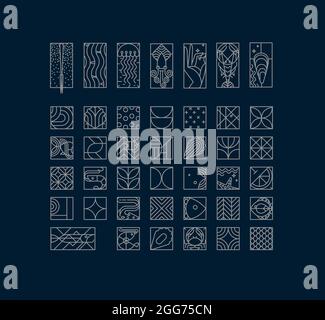 Set of creative modern art deco seafood icons in flat line style drawing on blue background. Stock Vector