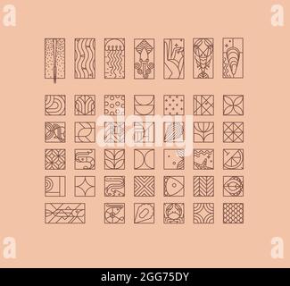 Set of creative modern art deco seafood icons in flat line style drawing on beige background. Stock Vector