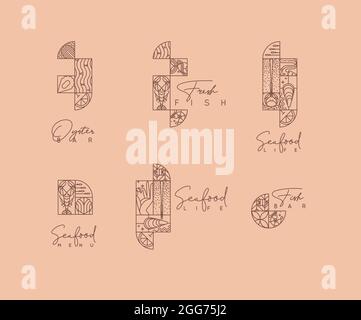 Set of creative modern art deco seafood labels in flat line style drawing on beige background. Stock Vector