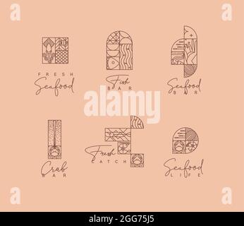 Set of creative modern art deco seafood symbols in flat line style drawing on beige background. Stock Vector