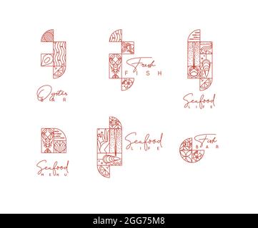 Set of creative modern art deco seafood labels in flat line style drawing on white background. Stock Vector