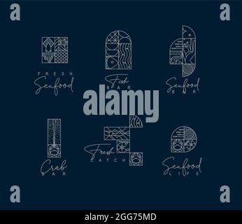 Set of creative modern art deco seafood symbols in flat line style drawing on blue background. Stock Vector