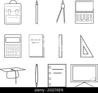 Basic school supplies, icon illustration, vector on white background Stock Vector