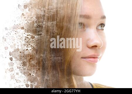 Double exposure closeup portrait of a young blond woman combined with an abstract painting Stock Photo