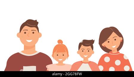 Happy cute family portrait of parents and kids: father, mother, son and daughter isolated on the white background. Family of four members Stock Vector