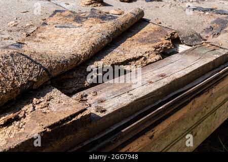 defectation - damaged roof waterproofing and broken OSB boards open ...