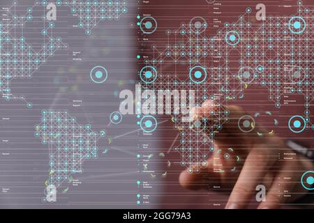 A finger touching concept of networking on a hand Stock Photo