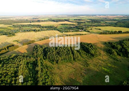 Aerial view of the forest and field. Drone view from above of a gold fields and a hilltop forests. The concept of ecology and clean air in green natur Stock Photo