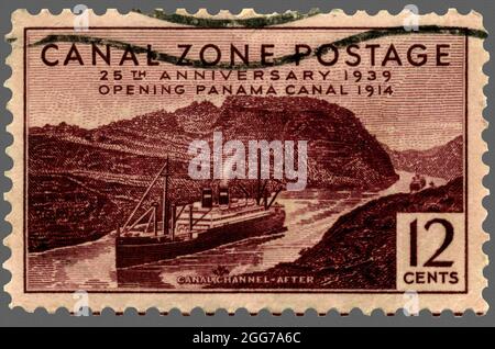 Panama Canal Zone Postage Stamp: Commemorating the 25th anniversary from a 1939 series. Stock Photo