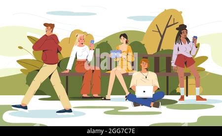 Flat illustration of young people sitting on bench in city park and using tablet, phone, laptop. Man walking outdoors and talking on smartphone. Smiling modern characters working, learning or chatting Stock Vector