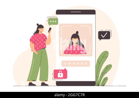 Face recognition technology or personal verification. Flat woman character with phone. Facial biometric identification scanning system on smartphone. Mobile data protection and security concept. Stock Vector