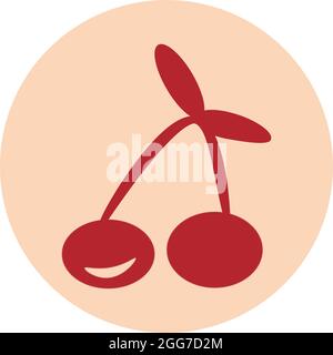 Two red cherries on a stem, icon illustration, vector on white background Stock Vector