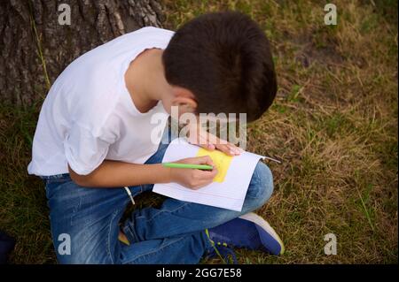 Back to school. Start of new school year after summer holidays. Overhead view of handsome cute schoolboy , elementary aged kid with doing homework dur Stock Photo