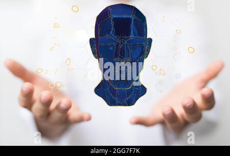 A 3D rendered sci-fi human head hovering over man’s palms Stock Photo