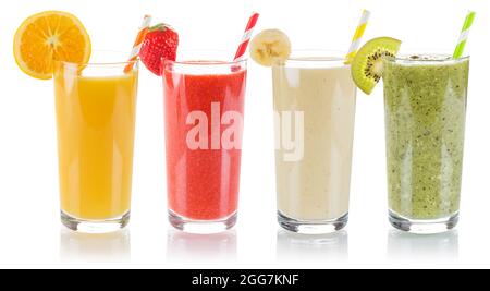 Smoothie smoothies fruit juice collection drink drinks fruits glass isolated on a white background Stock Photo