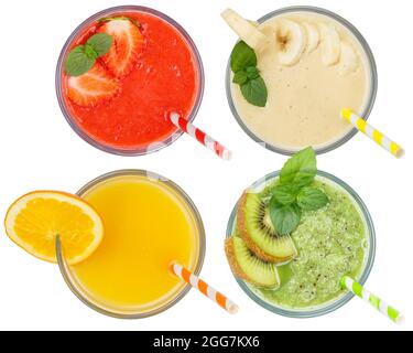 Smoothie smoothies fruit juice collection drink drinks fruits glass from above isolated on a white background Stock Photo