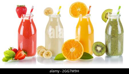 Smoothie smoothies fruit juice collection drink drinks fruits in bottle isolated on a white background Stock Photo