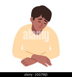 Man is having a headache. Boy feels anxiety and depression. Psychological health concept. Nervous, apathy, sadness, sorrow, unhappy, desperate, migrai Stock Vector