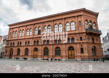 Riga, Latvia - May 21, 2021: View of Art Museum Riga Bourse on Dome Square in Riga Old Town, Latvia. Stock Photo