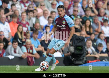 Burnley, UK. 29th Aug, 2021. Ashley Westwood #18 of Burnley with the ball in Burnley, United Kingdom on 8/29/2021. (Photo by Simon Whitehead/News Images/Sipa USA) Credit: Sipa USA/Alamy Live News Stock Photo
